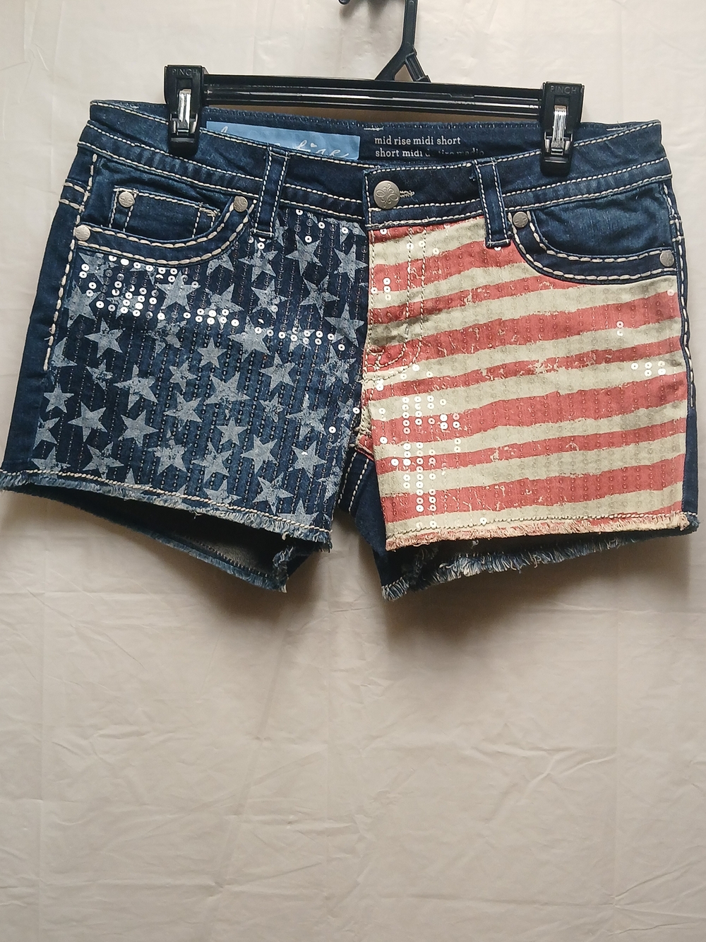 love, Fire Women's Sequin American Flag Denim Shorts - Red, White, Blue